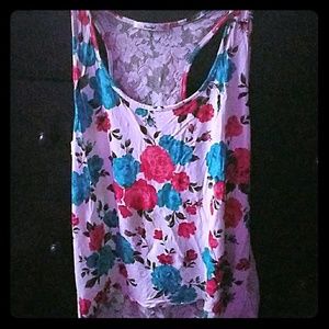 Flowered Lace Back, Papaya Racerback Floral Tank